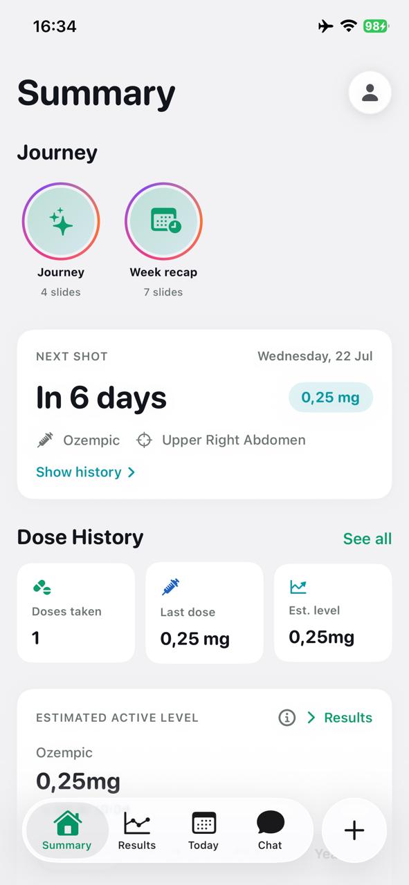offGLP Summary screen showing next Ozempic shot, dose history, and estimated active level